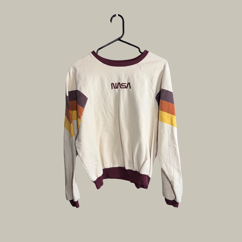 Freeze NASA Crewneck Sweatshirt Cream Burgundy Retro‎ Stripe Boxy Medium